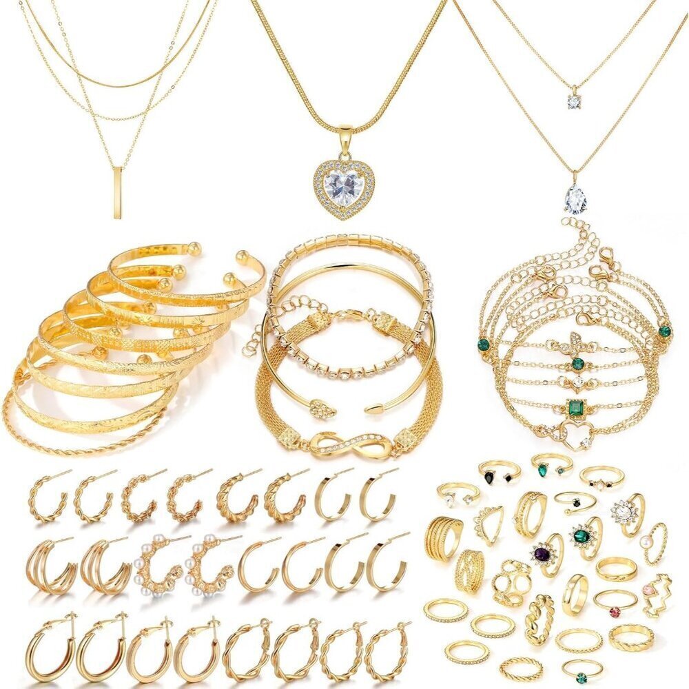 Gold Plated Jewelry Set for Women,14k Gold Plated Multi Layer Necklaces Stackabl